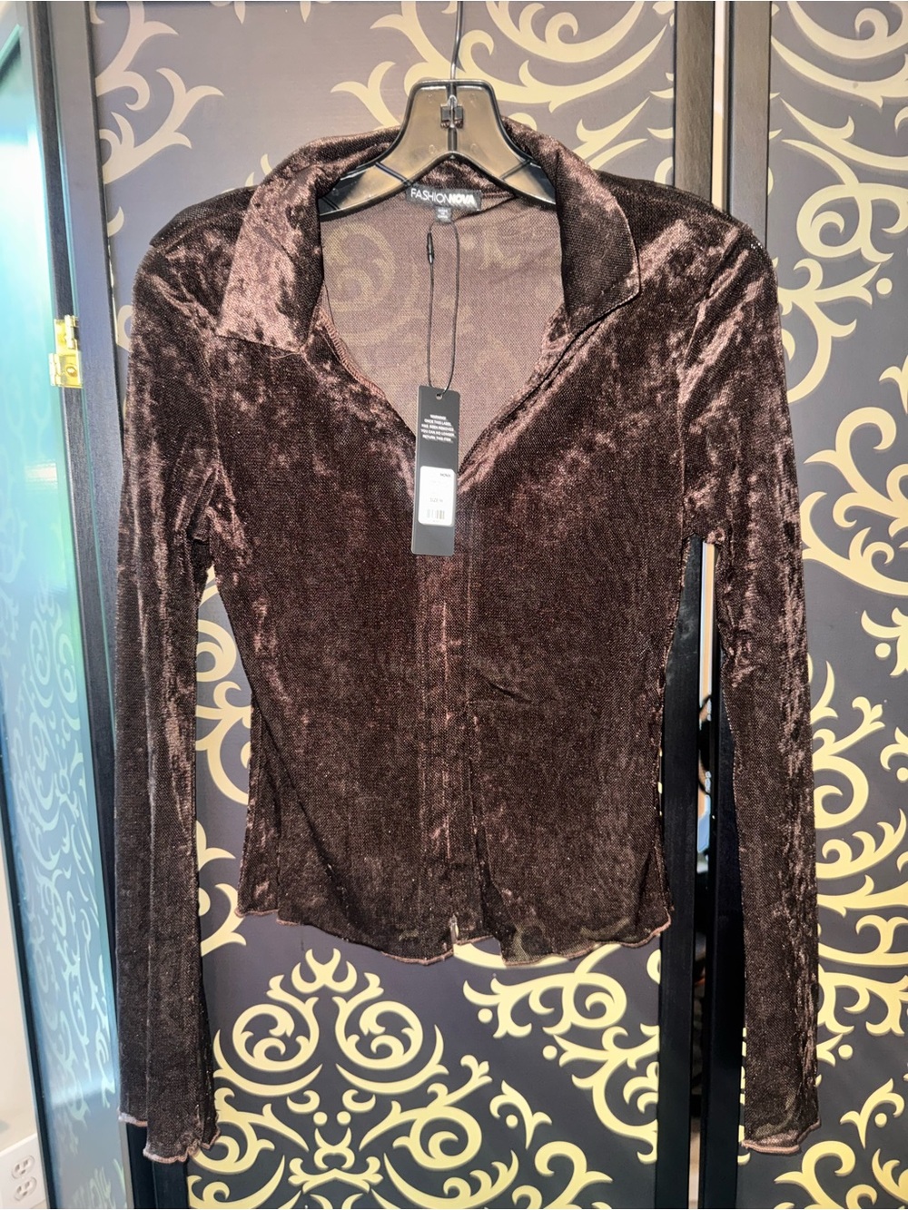 Fashion Nova Brown Velvet Button-Down Top
